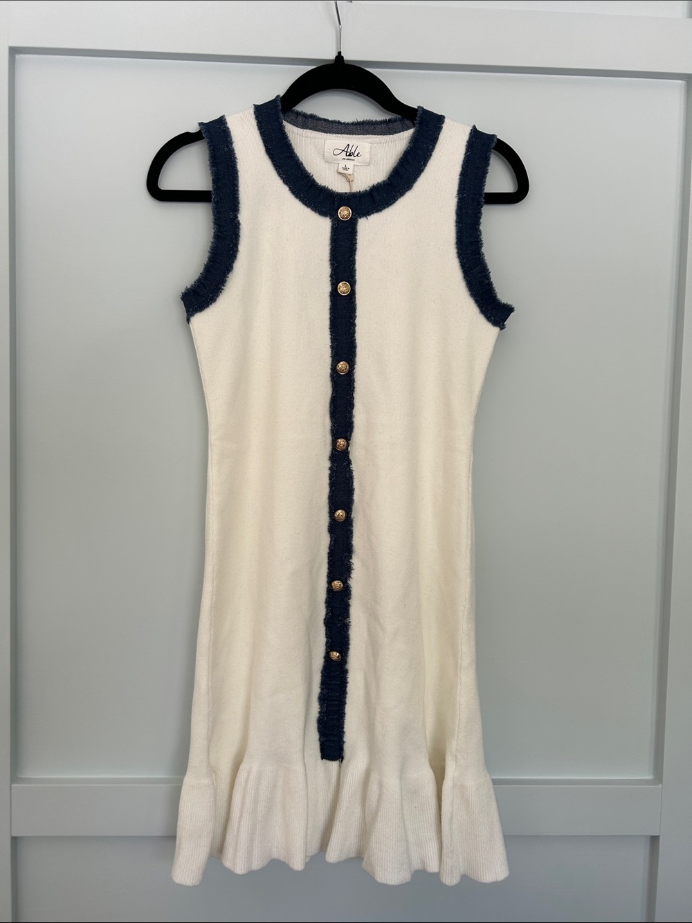 Able White Knit Sleeveless Dress with Navy Trim and Gold Buttons